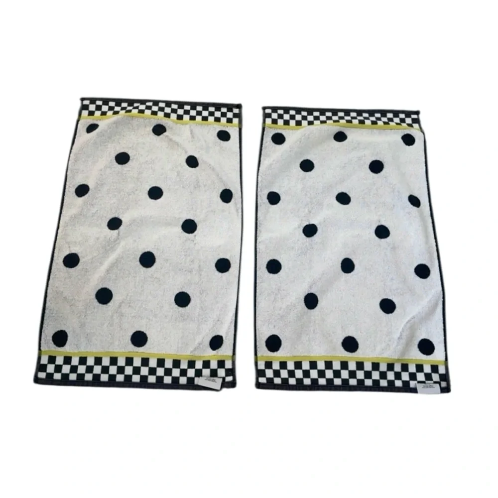Set of 2‎ MacKenzie Childs Courtly Check Dotty Black White Cotton Hand Towels